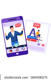 Eine Fremdsprache über das Internet lernen. Bildschirm mit Bild eines Englischlehrers. Messenger für die Kommunikation mit Muttersprachlern. Man auf dem Smartphone sagt Hallo. Ausländer auf weißem Hintergrund