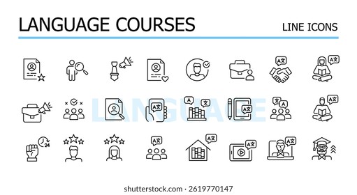 Learning foreign languages for career advancement. Vector icons set