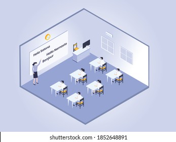 Learning foreign languages in classroom during corona virus pandemic isometric vector concept