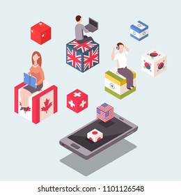 Learning foreign languages concept illustration. Vector 3D flat isometric with flags of countries, people and mobile phone.