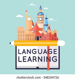 Learning foreign languages. Flat design vector illustration.