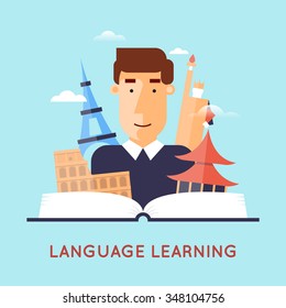 Learning foreign languages. Flat design vector illustration.