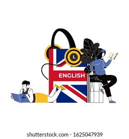 Learning foreign languages flat style concept. People and english french dictionary, textbooks study. Studying spanish german in language school online. Education textbook vector background