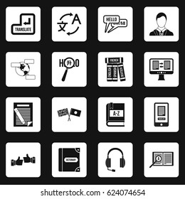 Learning foreign languages icons set in white squares on black background simple style vector illustration