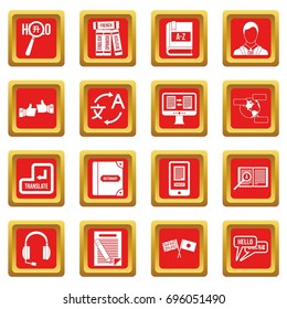 Learning foreign languages icons set in red color isolated vector illustration for web and any design