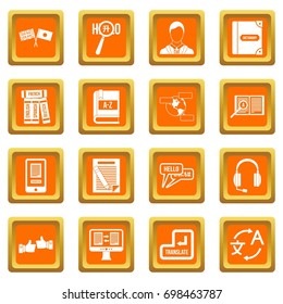 Learning foreign languages icons set in orange color isolated vector illustration for web and any design