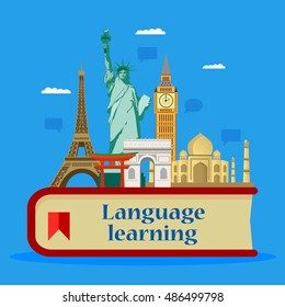 Learning foreign languages. Language School. Vector illustration, flat design