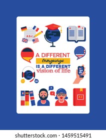 Learning foreign languages vector illustration with typography. Translation, cartoon character and dictionary, foreign language interpretation process. Mobile technology, foreign flags, globe
