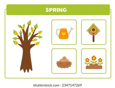 Learning four seasons for kids. Educational flashcard with spring elements.