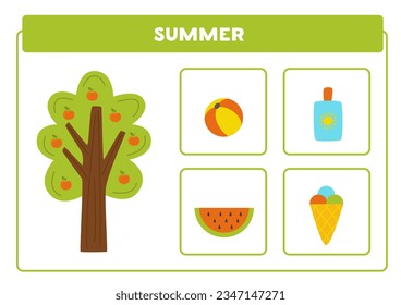 Vier Jahreszeiten für Kinder lernen. Erziehungskarte mit Sommerelementen.