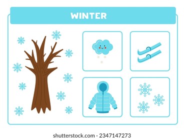 Learning four seasons for kids. Educational flashcard with winter elements.