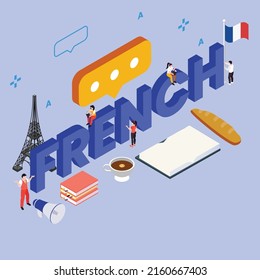 Learning French isometric 3d vector illustration concept for banner, website, illustration, landing page, flyer, etc.