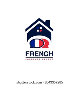 Learning French Language Class Logo. Language Exchange Program, Forum, And International Communication Sign. With France Flag