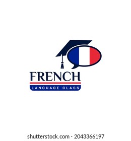 Learning French Language Class Logo. Language Exchange Program, Forum, Speech Bubble, And International Communication Sign. With France Flag