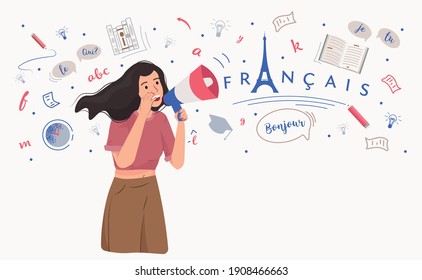 Сoncept of learning French language flat vector illustration. Young woman announces a megaphone. Banner for language school with speech bubble "Hello". Education, online studying foreign languages.