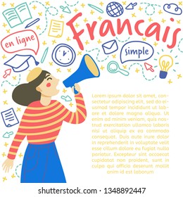 Сoncept of learning French language. Young woman announces a megaphone. Isolated vector on white background, flat and doodle style. Space for text. 