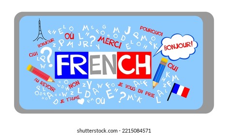 Learning French Online education concept. French language.  Dictionnaire. Dictionary. French school.Language education Vector illustration for education, foreign language study