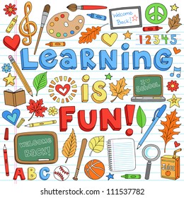 Learning is Fun Back to School Classroom Supplies Notebook Doodles Hand-Drawn Illustration Design Elements on Lined Sketchbook Paper Background