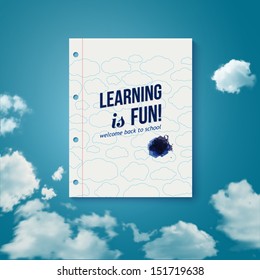 Learning is fun. Motivating poster. Note paper with lettering on a sky background. Vector image.