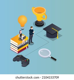 Learning game developer isometric 3d vector concept for banner, website, illustration, landing page, flyer, etc.