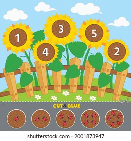 Juego de aprendizaje para los niños. Corta y pega los cuchitos a los girasoles. Cuenta de 1 a 5. Hoja de cálculo imprimible. Ilustración del vector