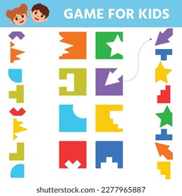 Learning game for kids. Geometric figures. Match the shapes with their parts. Worksheet for printing. The development of logic in children