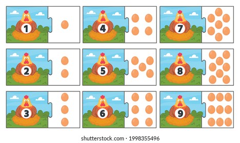 Spielen für Kinder lernen. Rätsel. Henne. Studium der Zählung von 1 bis 9. Zähl die Anzahl der Eier. Druckbares Arbeitsblatt. 
