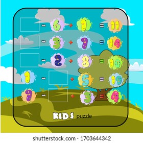 learning game ,Workbook on mathematics for preschool education. puzzles for children. learn to count. Vector [Converted]