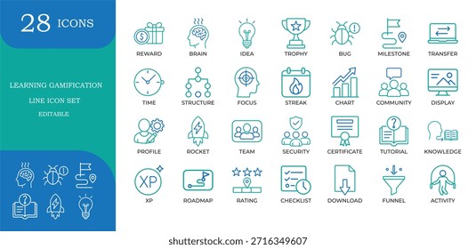 Learning Gamification Line Icons. Featuring trophy, XP, rocket, reward, and roadmap symbols. Editable vector for e-learning apps, LMS platforms, and educational marketing.