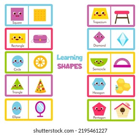 learning geometric shapes for kids. Flashcards set wtih forms and objects. Educational material for children, kids, toddlers. Circle, square, triangle and other basic shapes in life