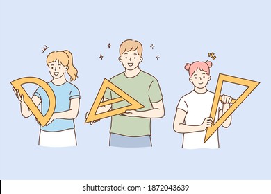 Learning geometry and school lifestyle concept. Happy children pupils cartoon characters holding triangle and ruler in hands ready for class or lesson vector illustration 