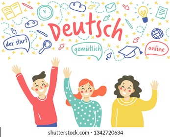 Сoncept of learning German language. Cute children waving their hands. Vector illustration in flat, doodle style