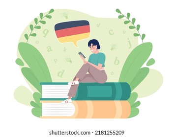 Learning German language with mobile app 2D vector isolated illustration. Student with smartphone flat character on cartoon background. Colourful editable scene for website, presentation