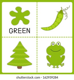 Learning  green color. Frog, green pea and fir tree. Educational cards for kids. Vector illustration