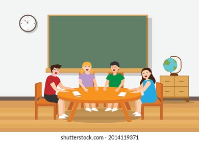 Learning group vector concept: Group of young students learning together in the classroom while sitting on the chair