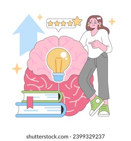 Learning and growth concept. Woman with glowing lightbulb in a brain backdrop, symbolizing brilliant ideas. Star-rated review, books for knowledge base. Flat vector illustration.