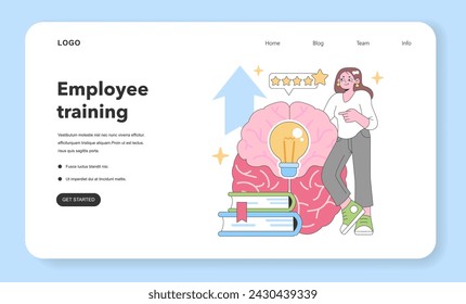 Learning and growth concept. Woman with glowing lightbulb in a brain backdrop, symbolizing brilliant ideas. Star-rated review, books for knowledge base. Flat vector illustration.