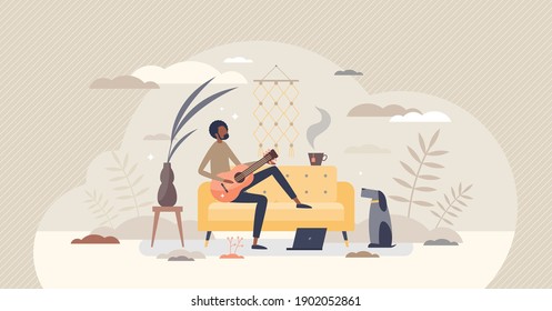 Learning guitar chords and tabs as practice or lesson tiny person concept. Study acoustic or classical instrument for entertainment or hobby vector illustration. Distant home training using computer.