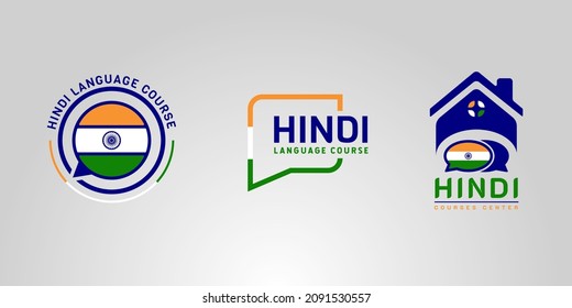 Learning Hindi Language Course Logo. language exchange program, forum, speech bubble, and international communication sign. With India Flag. Premium and luxury vector illustration