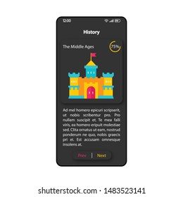 Learning history smartphone interface vector template. Mobile app page black design layout. Self study progress screen. Flat UI for application. Digital history textbook phone display