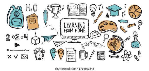 Learning from home. Back to school. Hand drawn illustration.