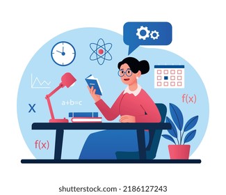 Learning at home concept. Young girl reading book, preparing for test or examination in mathematics. Woman solves equation. Self development and education metaphor. Cartoon flat vector illustration