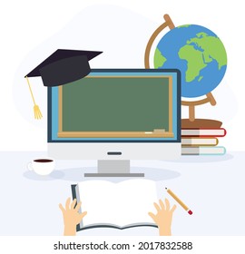 Learning from home concept,Learning online, e-learning video call. remote learning.Flat vector 2D cartoon illustration.
