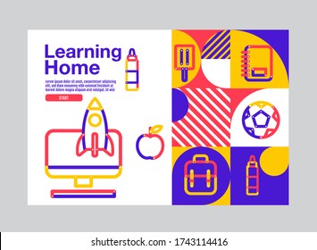 Learning Home, Education Banner Template, Stroke Graphic, Vector  Illustration, Back To School