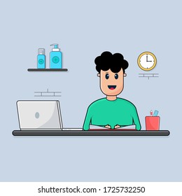 learning from home flat illustration design, cartoon art banner support