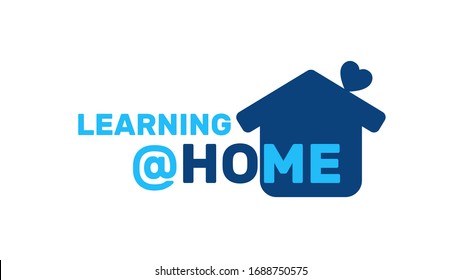 Learning at home text icon illustration. E-learning message for quarantine times in Coronavirus Covid-19 pandemic outbreak. Home schooling learning during virus pandemic. Online education symbol. 