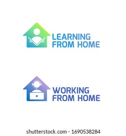 Learning from home and working from home logo designs. Study at home and work at home icon set. Simple and clean icon designs with cool color gradients.