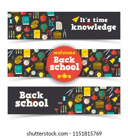 Learning horizontal banners with sticker school supplies icons in flat style on dark background isolated vector illustration