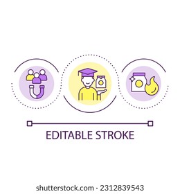 Aprender a ser un icono de concepto de bucle de mercado eficaz. Promoviendo la imagen de la línea delgada de la idea profesionalmente abstracta de la marca. Comercialización. Dibujo de contorno aislado. Trazo editable. Tipo de letra arial utilizado
