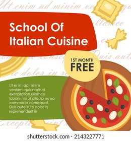 Learning how to cook Italian dishes and cuisine recipes, culinary tips and tricks for students. Pizza and macaroni, lessons for beginners and professionals chefs, masterclass, vector in flat style